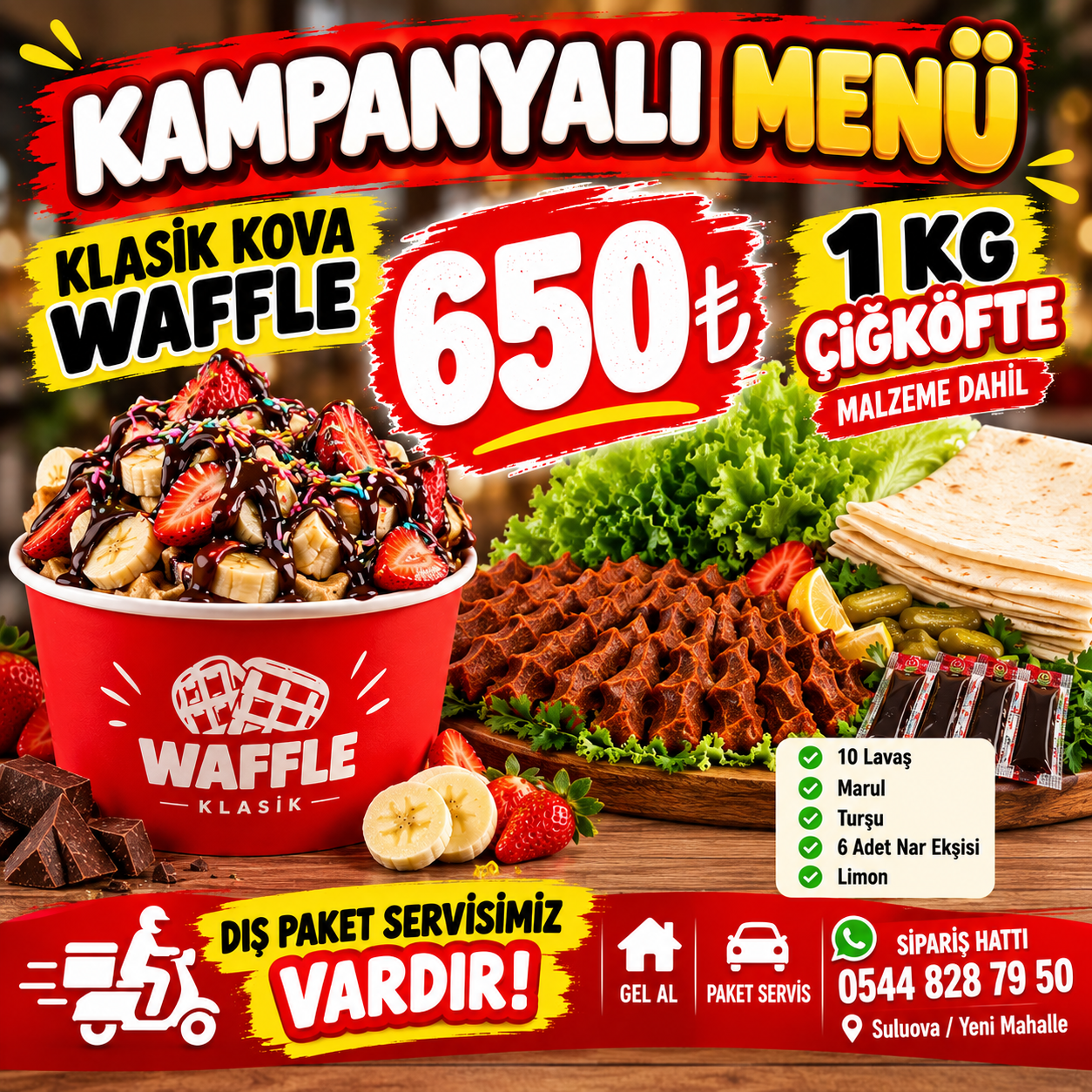 🍓 Klasik Kova Waffle 🌯 1 KG Çiğköfte (Malzeme Dahil)